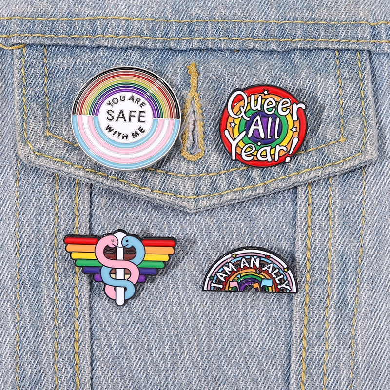 You Are Safe with Me Enamel Pin Creative Rainbow Pride Brooches Lapel Pin Badge Cartoon Rainbow Jewelry Gift for Lover Friends