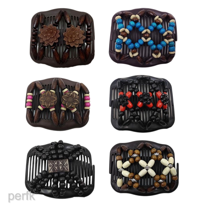6x Stretchy Beaded Hair Comb Retro Wooden Beads Magic Beads Double Hair Comb