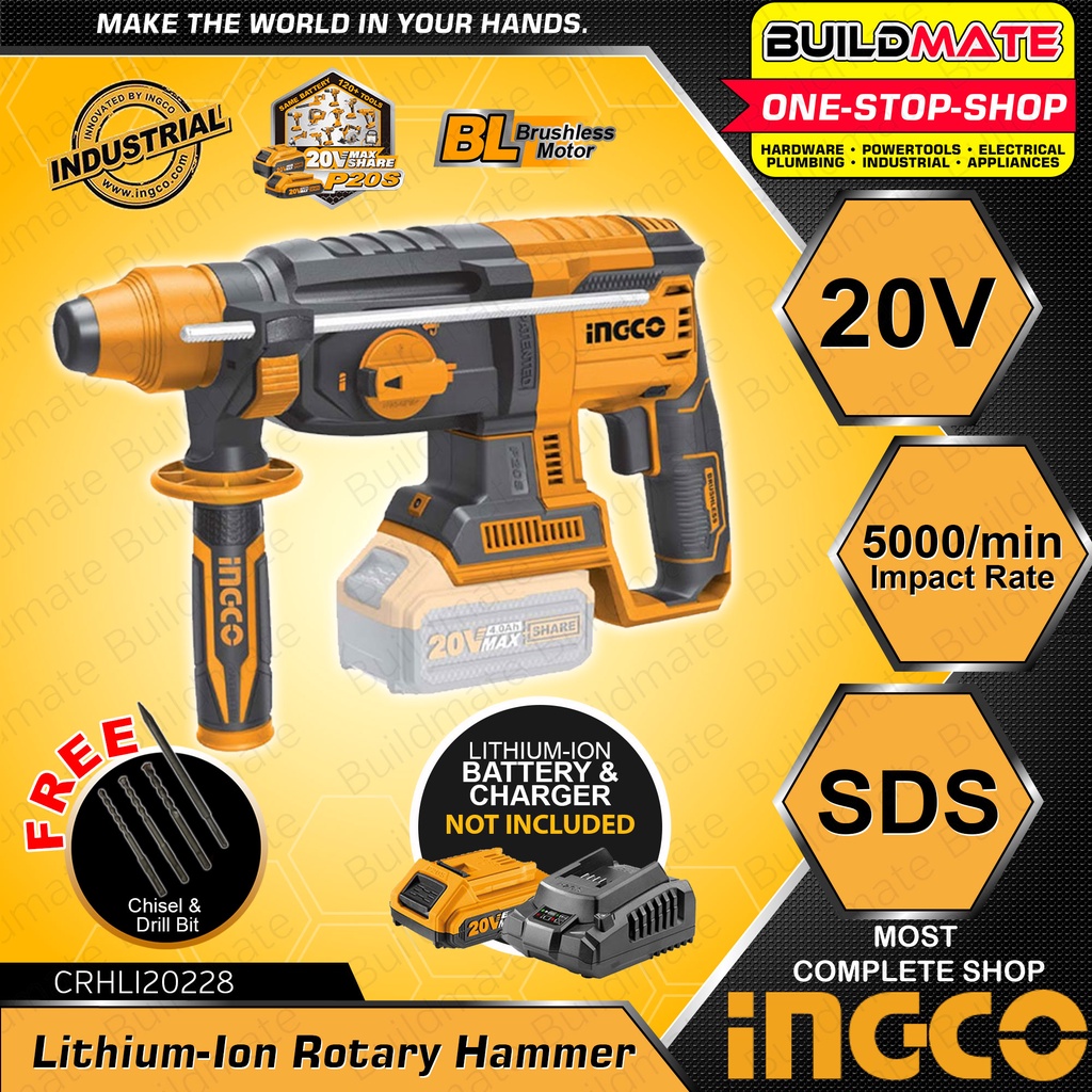 INGCO Cordless Rotary Hammer With +FREE Chisel & Drill Bit CRHLI20228