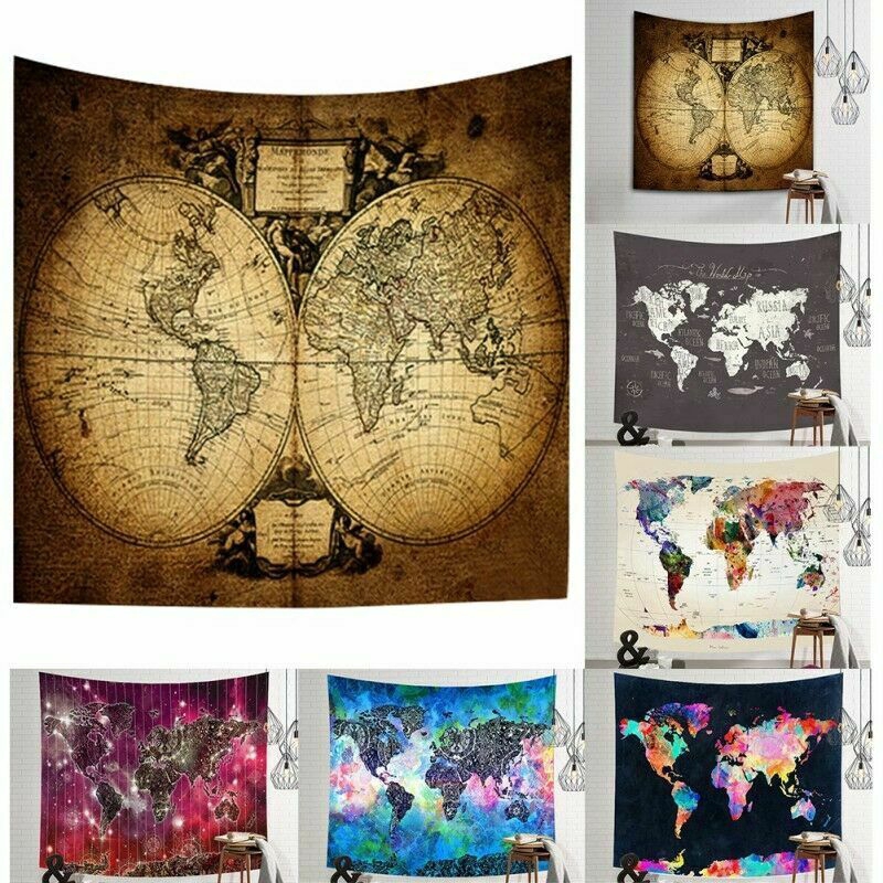 World Map Tapestry Hippie Wall Hanging Indian Vintage Bedspread Home Art Decor 