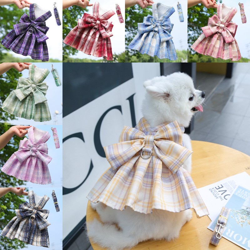 MUC [QY2054] Pet Bowknot Vest Dress Dog JK Plaid Chest Strap Cat Harness Strap Leash Dog outdoor tracking rope Kawaii Puppy Chest Harness Pet clothes