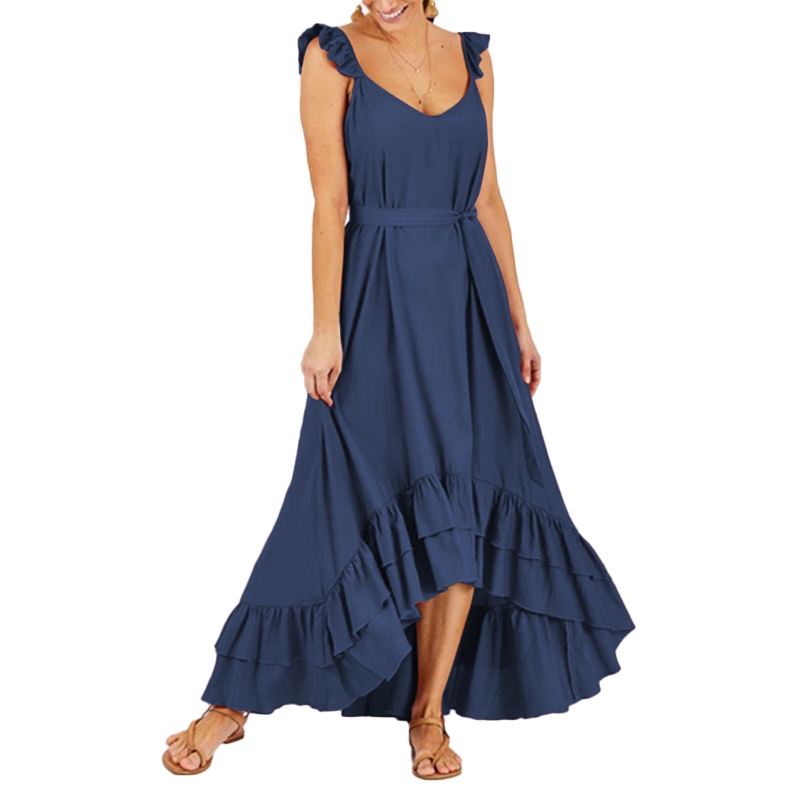 ZANZEA Women Asymmetric Sleeveless Frill Ruffled Hem Maxi Dress ...