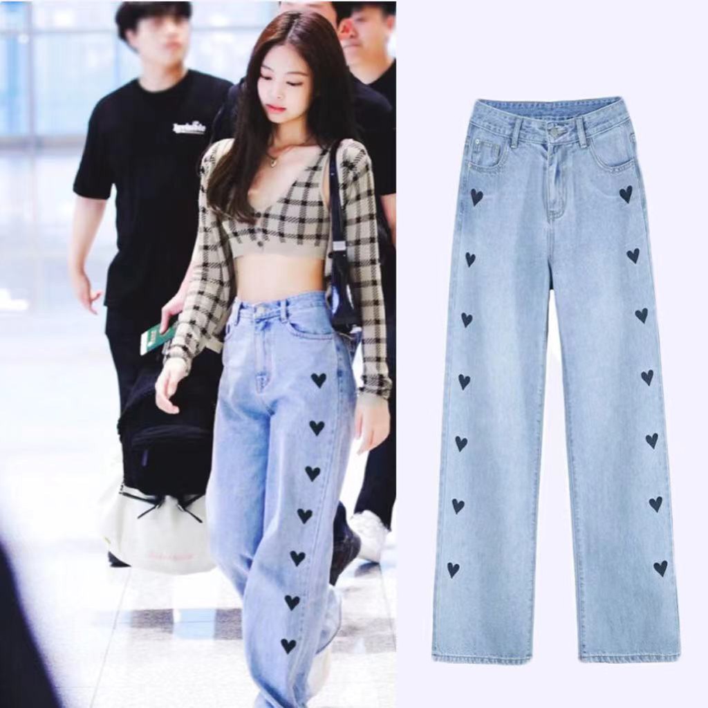 Blackpink jennie heart love print High Waist Wide Leg Jeans Korean BF ...