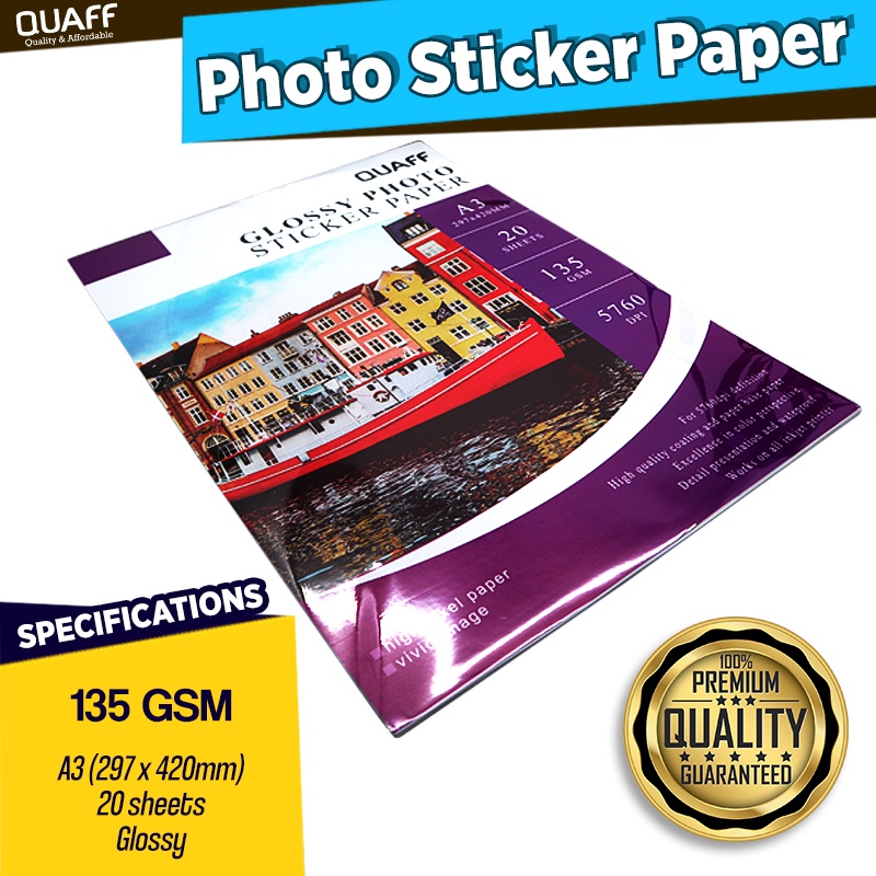 Quaff Photo Sticker Paper 135Gsm A3 Size 297 420mm 20 Sheets /Pack