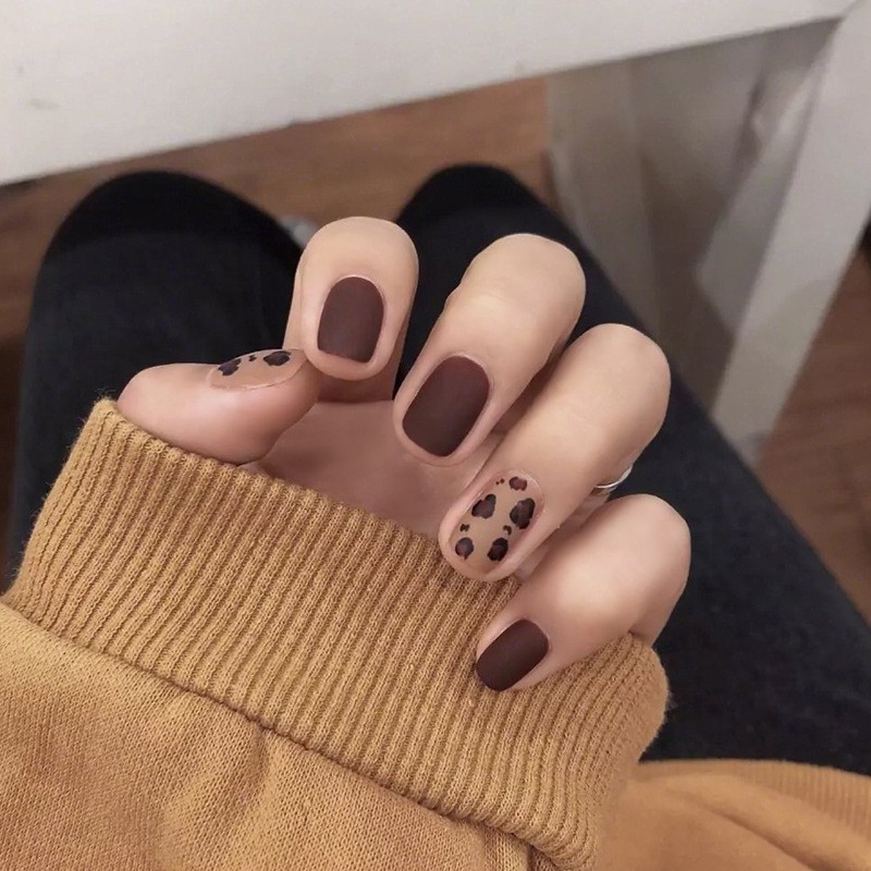 24pcs Set Matte Leopard Coffee Jump Color Short Fake Nails Finished Wedding False Nail Art Shopee Philippines