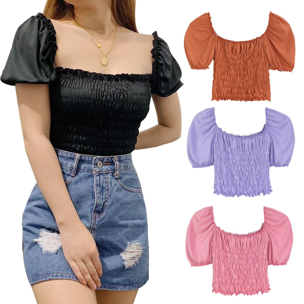Kily.PH Smocked Puff Sleeve Crop Top Off Shoulder High Quality Tops ...