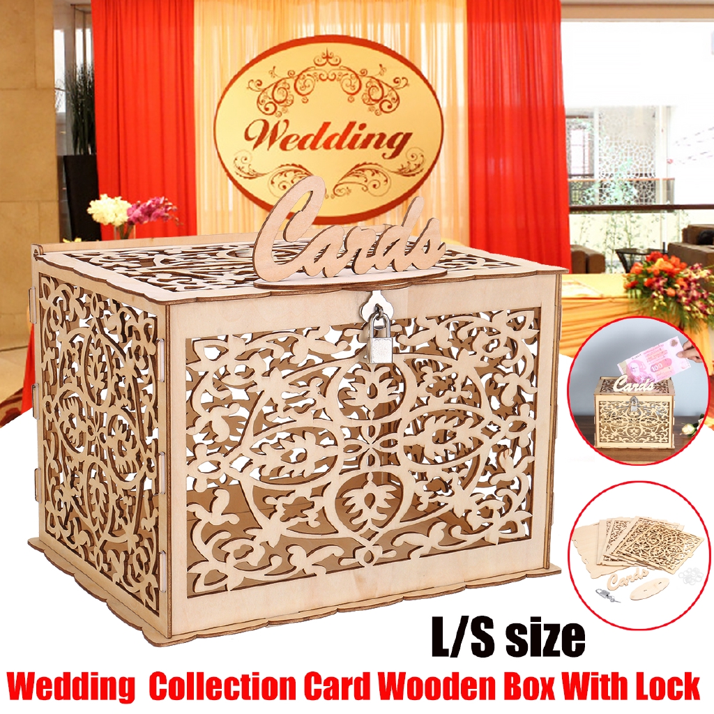 Diy Wedding Card Wooden Box Flower Carving W Lock Greeting