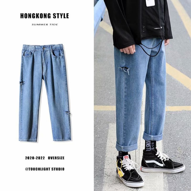 Jss High Quality Jeans Men S Long Pants Straight Cut Jeans Loose Denim Trousers Men Light Blue Shopee Philippines