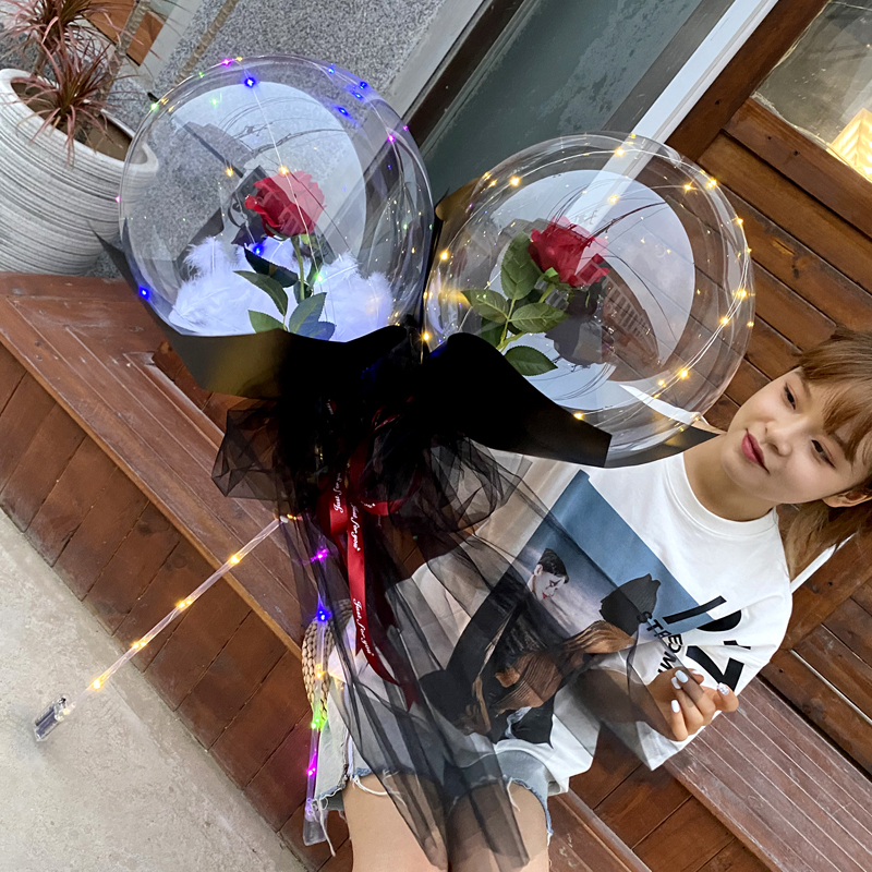 1Set DIY LED Luminous Balloon Rose Bouquet Transparent Bobo Ball Rose For Valentines Day Gift Birthday Party Wedding Decoration Balloons