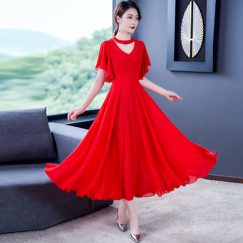 Women Summer Ruffle Short Sleeve Elegant Midi Dresses Korean Chiffon ...