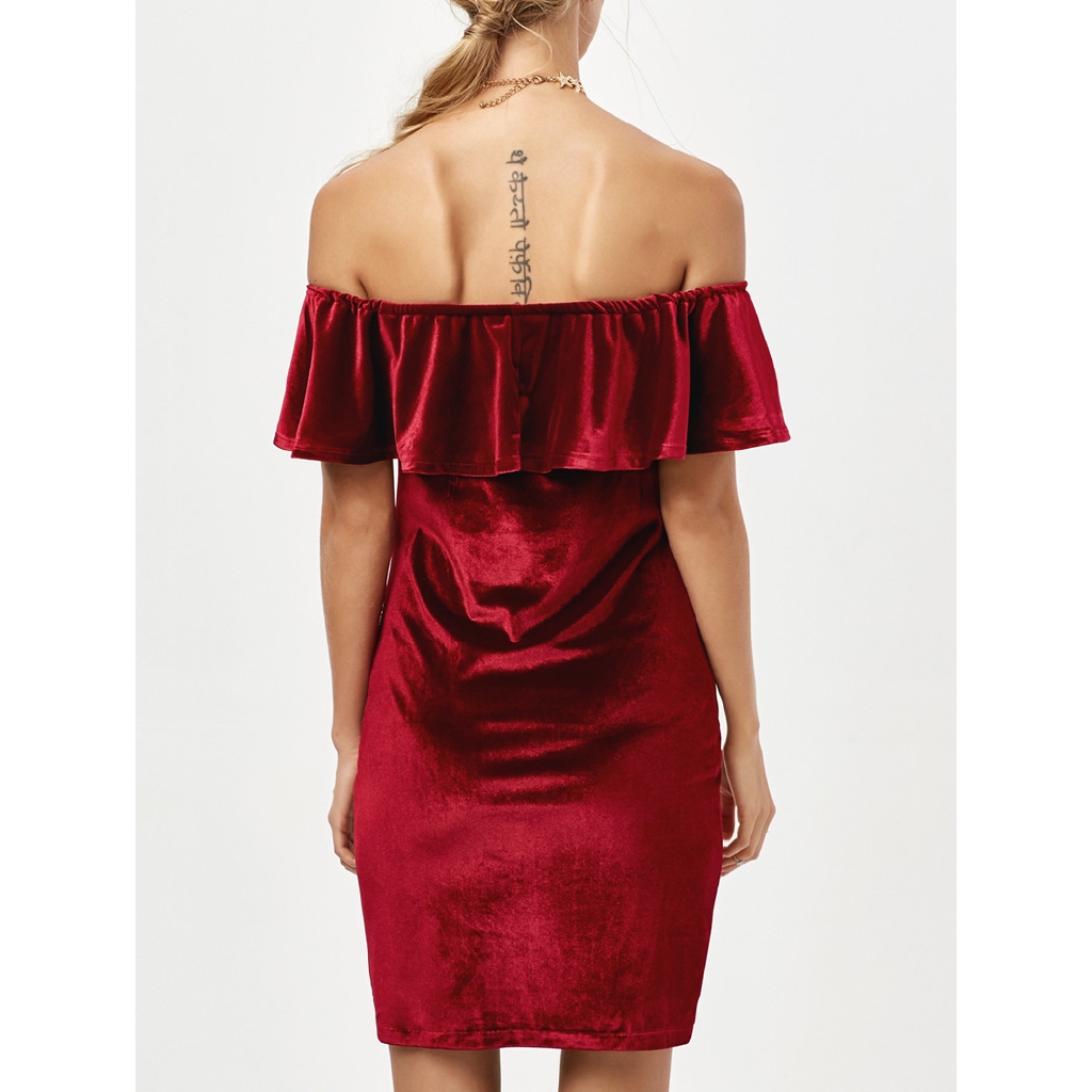 red velvet dress off the shoulder