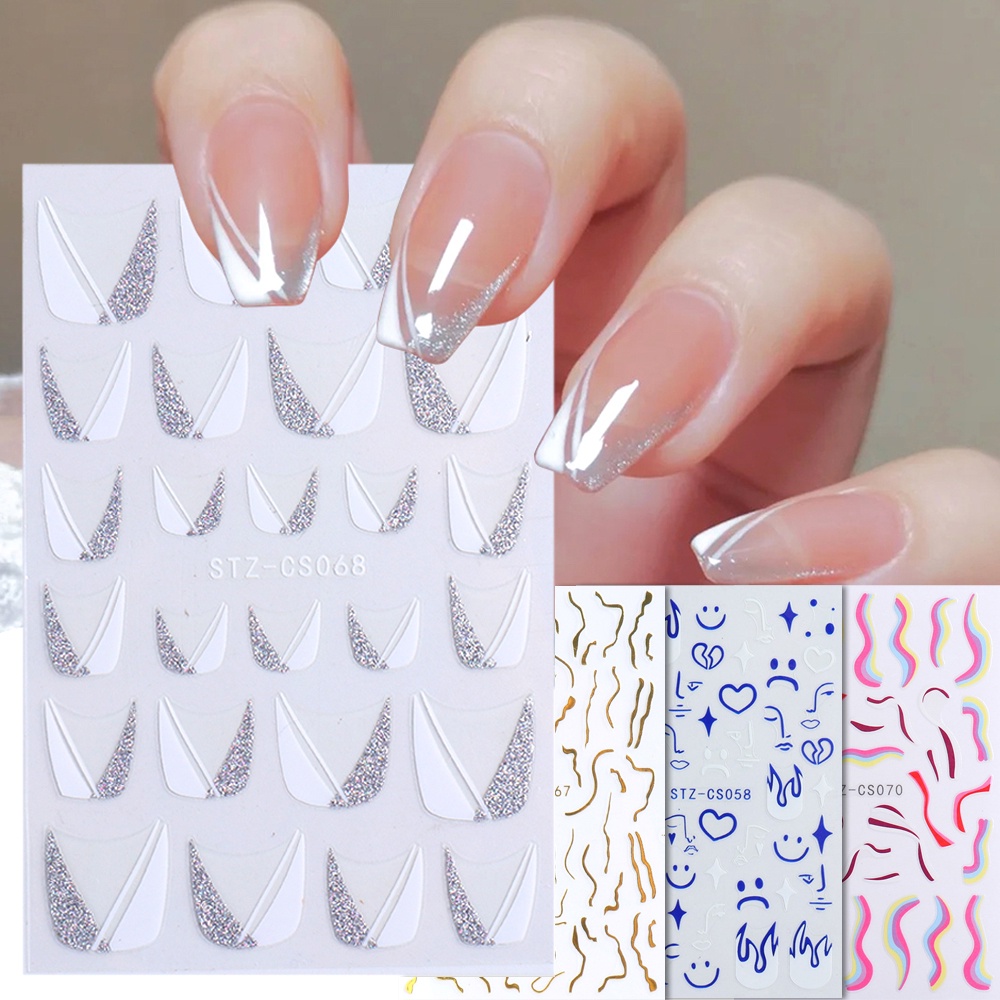 Silver Glitter French Line Ramadan Nails Stickers Sparkly White Oblique ...