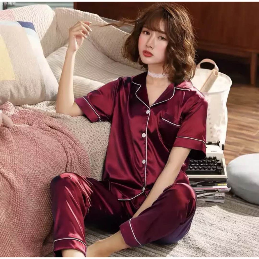 ALVIN# Korean silk short sleeve cute plain comfortable pajamas