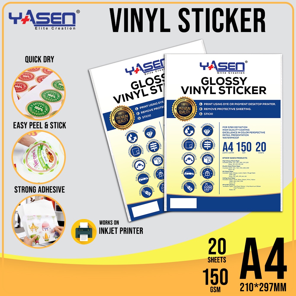 Yasen Vinyl Inkjet Sticker Paper A4 Size (Glossy) 20 Sheets/Pack ...