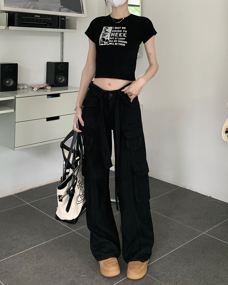 Summer retro high waist straight loose wide leg casual long cargo pants ...