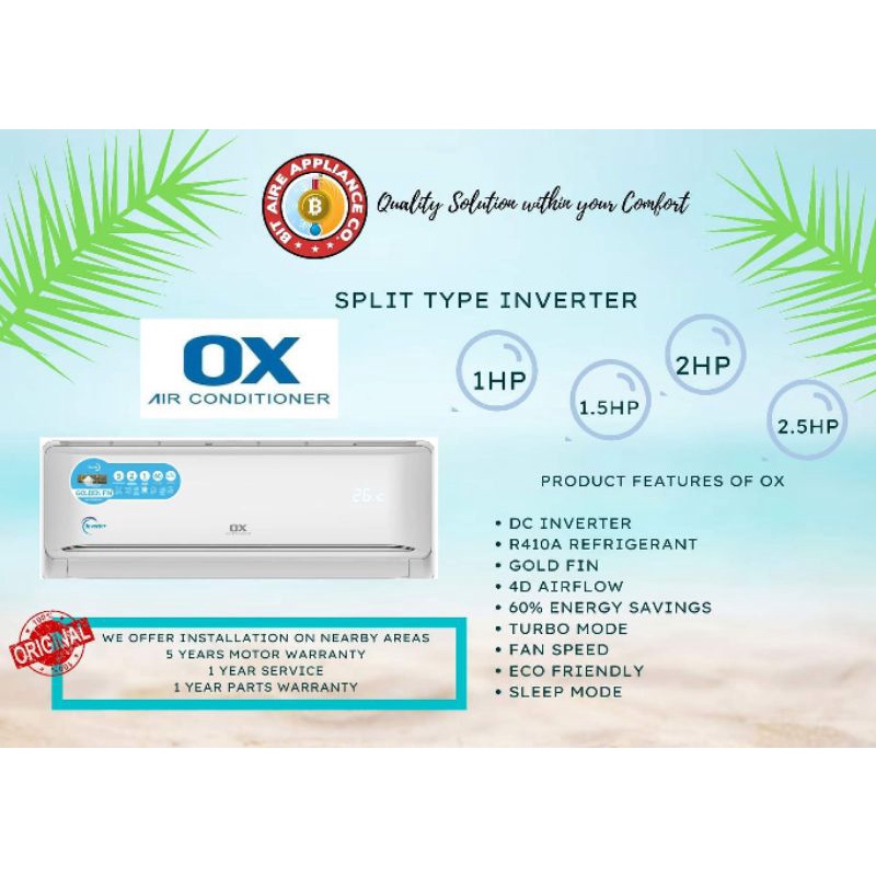 OX 1HP to 2HP SPLIT TYPE INVERTER AIRCON(GOLD FIN) Shopee Philippines