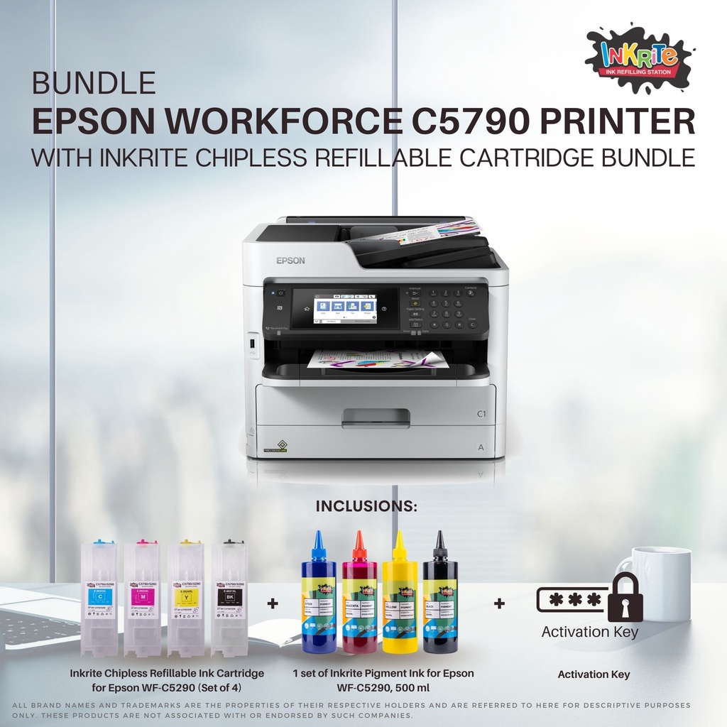 [BUNDLE] Epson WFC5790 Printer with Inkrite Chipless Refillable Cartridge, Pigment Ink, and Act