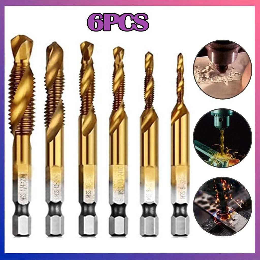 6Pcs Tap Drill Bit Set, M3-M10 HSS Titanium Combination 1/4” Hex Shank Screw Thread Metric Tap Drill