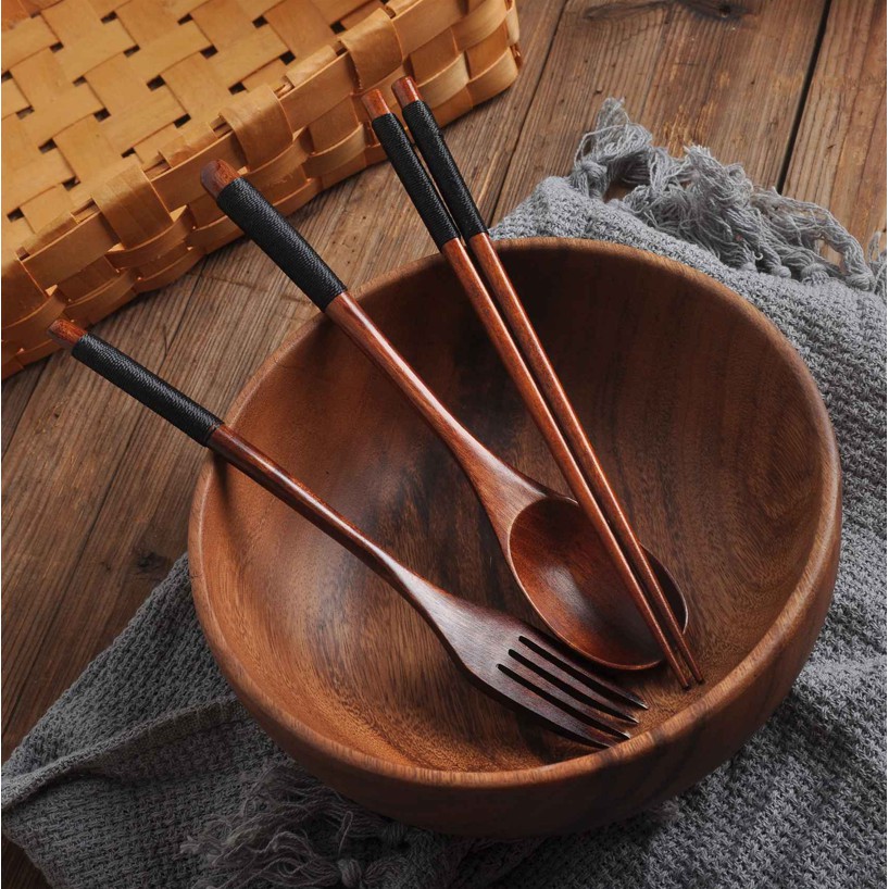 3pcs Portable Wooden Reusable Dinning Spoon Chopsticks Fork Wood Flatware 