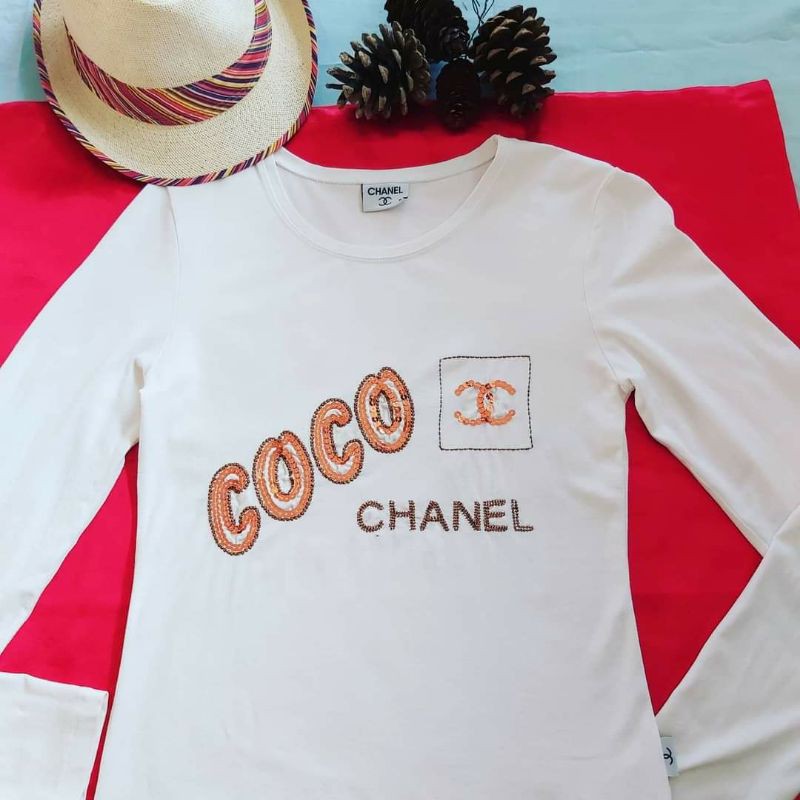 White long-sleeved shirt with Chanel design | Shopee Philippines