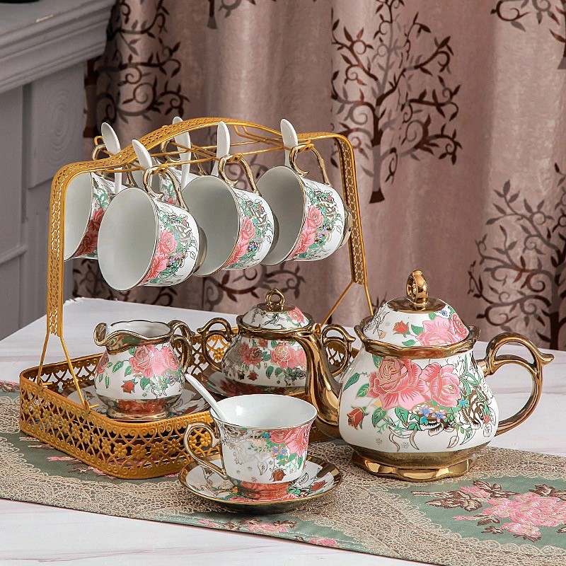 17 Piece European Ceramic Tea Sets,Bone China Coffee Set with Metal 17 Piece Christmas Porcelain Tea Set