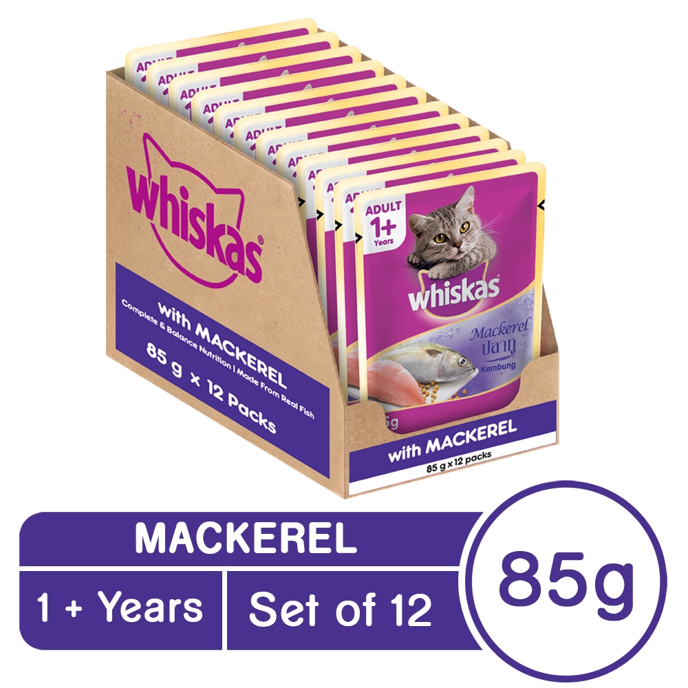 Whiskas Mackerel Flavor Pouch Wet Cat Food Set of 12 (85g) Shopee