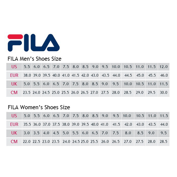 fila footwear size chart