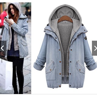 denim jacket with grey hood