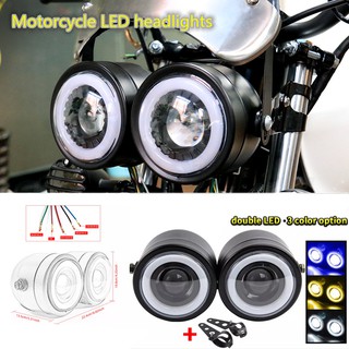 Black Grille+White Motorcycle Double Headlight 8.5inch Universal Motorcycle Iron Front Double Twin Round Headlight Lamp