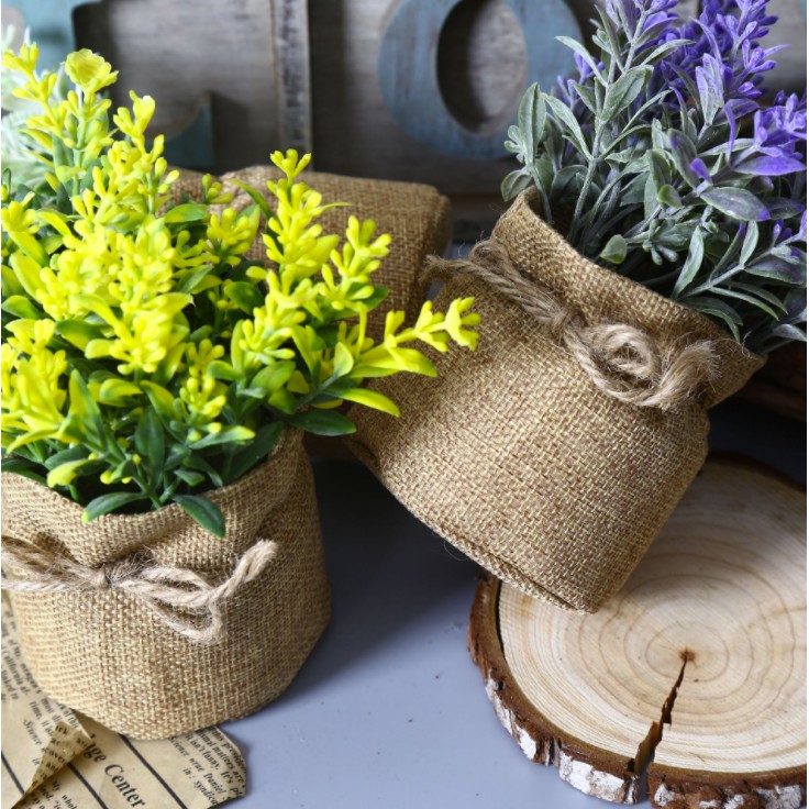 1 Pot Flower Spring Grass Eucalyptus With Sack Basket Artificial Silk Flowers Bride For Wedding Party Home Decoration