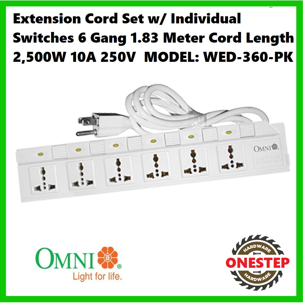 Omni Wed 360 Extension Cord Set W Individual Switches 6 Gang 1 Meter Cord Length 2 500w 10a 250v Shopee Philippines