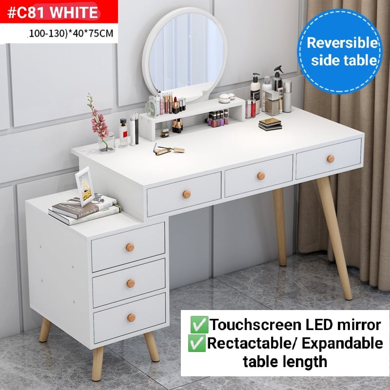Homeblvd C81 Vanity Table With Led, Modern White Makeup Vanity Expandable Dressing Table