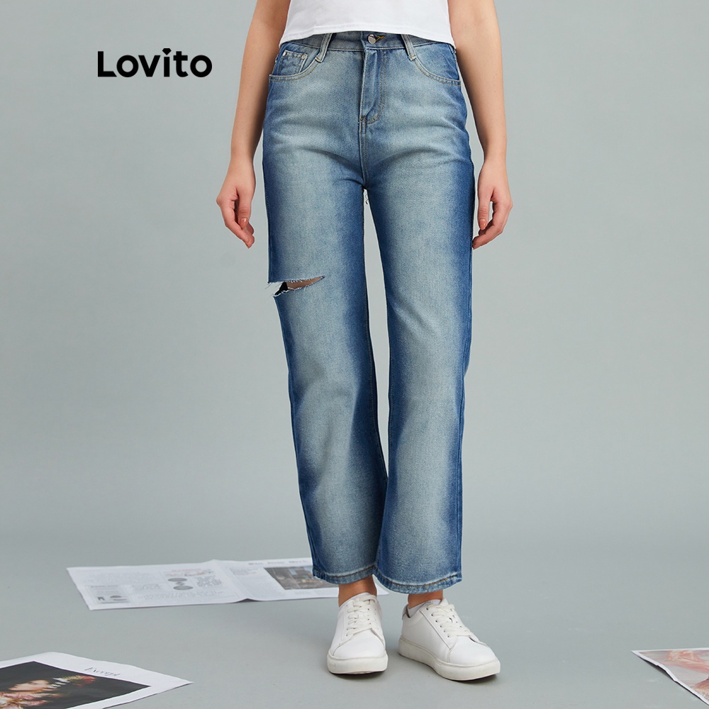 Lovito Casual Denim Pocket Ripped Jeans L10083 (Blue) | Shopee Philippines