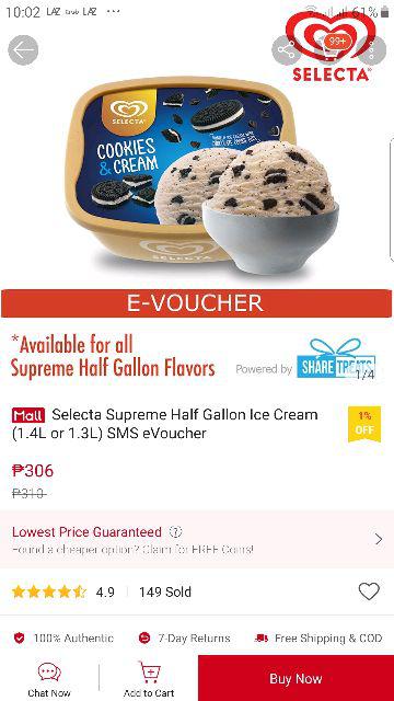 Selecta Supreme Half Gallon Ice Cream 1 4l Or 1 3l Sms Evoucher Shopee Philippines