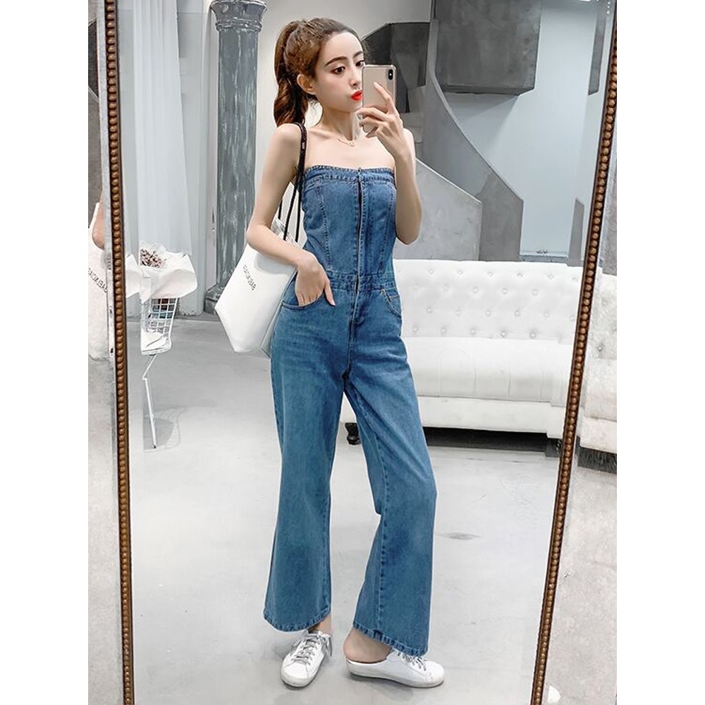 tube top denim jumpsuit