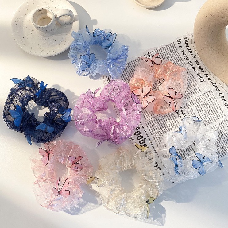 Innocent and sweet satin butterfly mesh chiffon scrunchies hair tie_Kaitin hair accessories