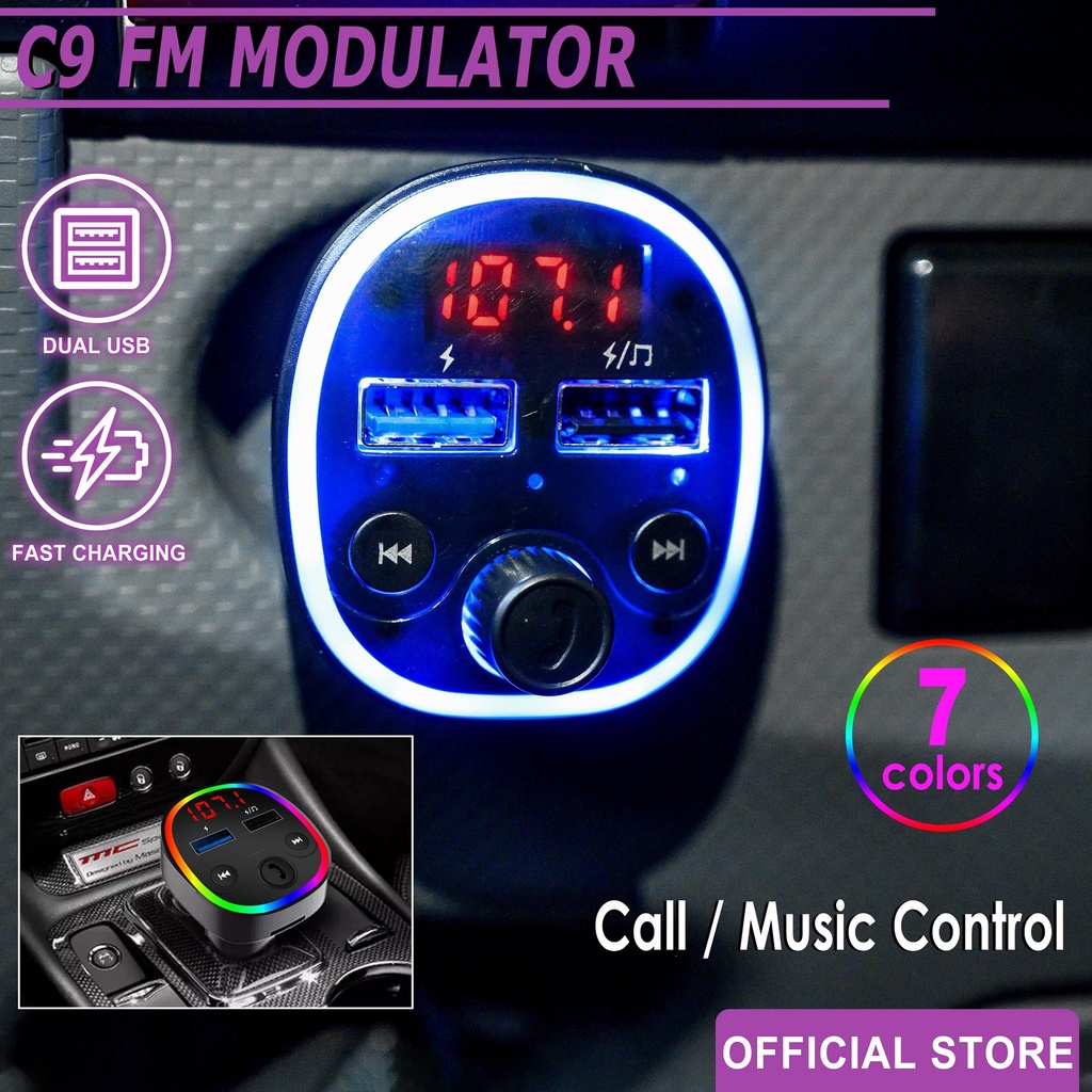 FM Modulator Transmitter Bluetooth 5.0 Aux Dual USB Charger RGB Light