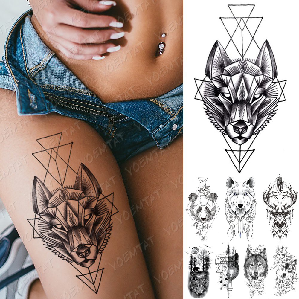 Waterproof Temporary Tattoo Sticker Line Geometry Fox Panda Wolf Tattoos  Deer Flowers Body Art Arm F | Shopee Philippines