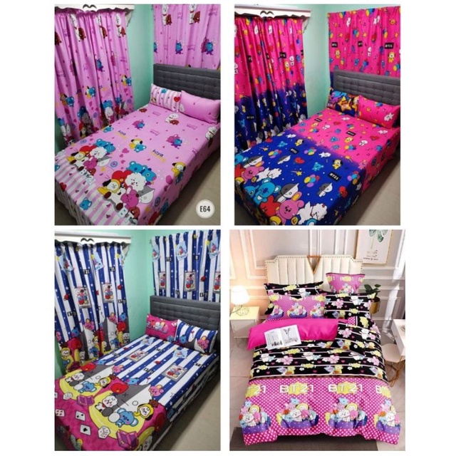BTS CARTOONS AND BT21 BLUE 3 IN 1 SET CANADIAN COTTON BEDSHEET (WITH 2