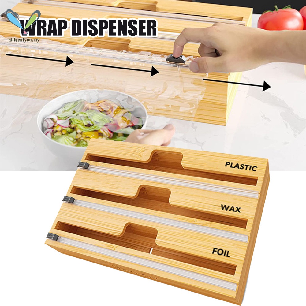 Bamboo Cling Wrap Dispenser With Slider Cutter 3in1 Storage For Foil Cling Film Freebies