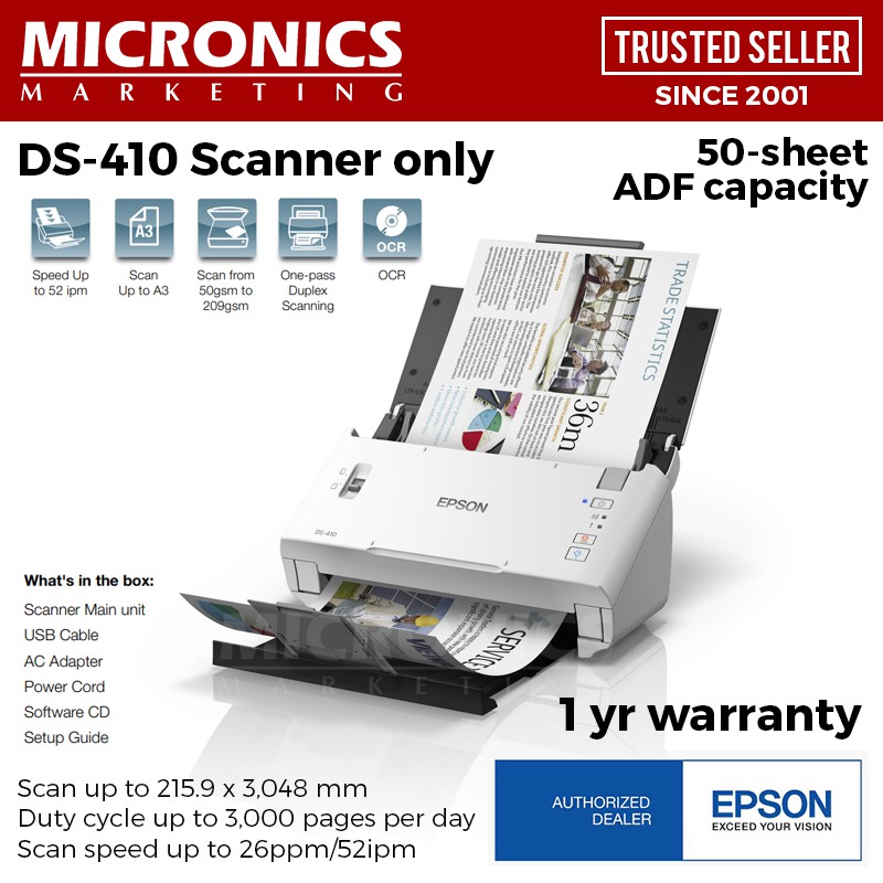 Epson WorkForce DS410 A4 Duplex Sheetfed Document Scanner Scan up to 3,000 sheets/day w