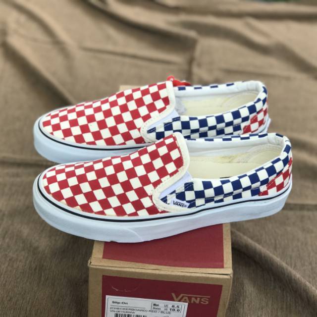 red and blue vans checkered