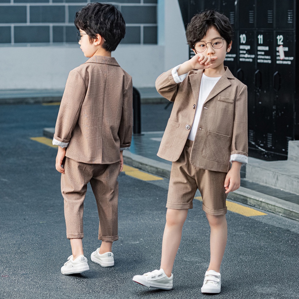 Children Clothing Boys Khaki Suits Plaid Blazer Pants Kids Wedding Suit