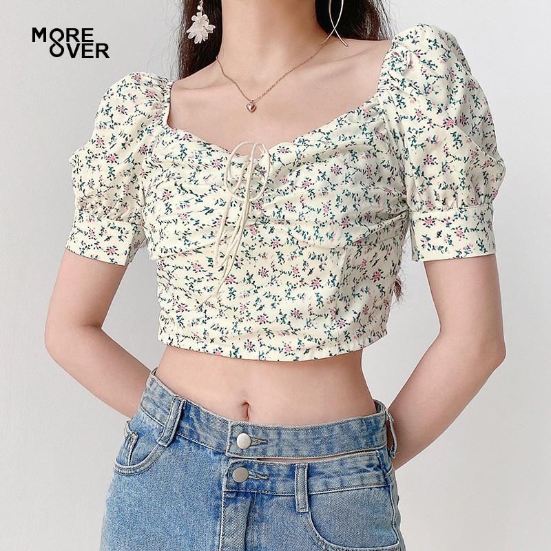 Women Chiffon Puff Sleeve Crop Top Floral Short Sleeve T Shirts Korean