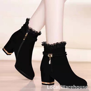 Korean Fashion Suede Ankle Thick Block Heels Lace Versatile Side Pendant Zipper Black Short Boots For Ladies 2 inches High