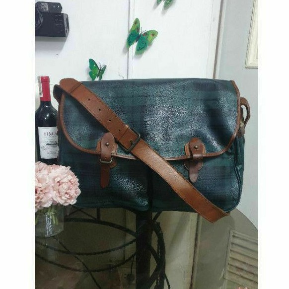 Polo Ralph Lauren Large Tartan Plaid Green and Blue Canvas Leather  Messenger Bag | Shopee Philippines