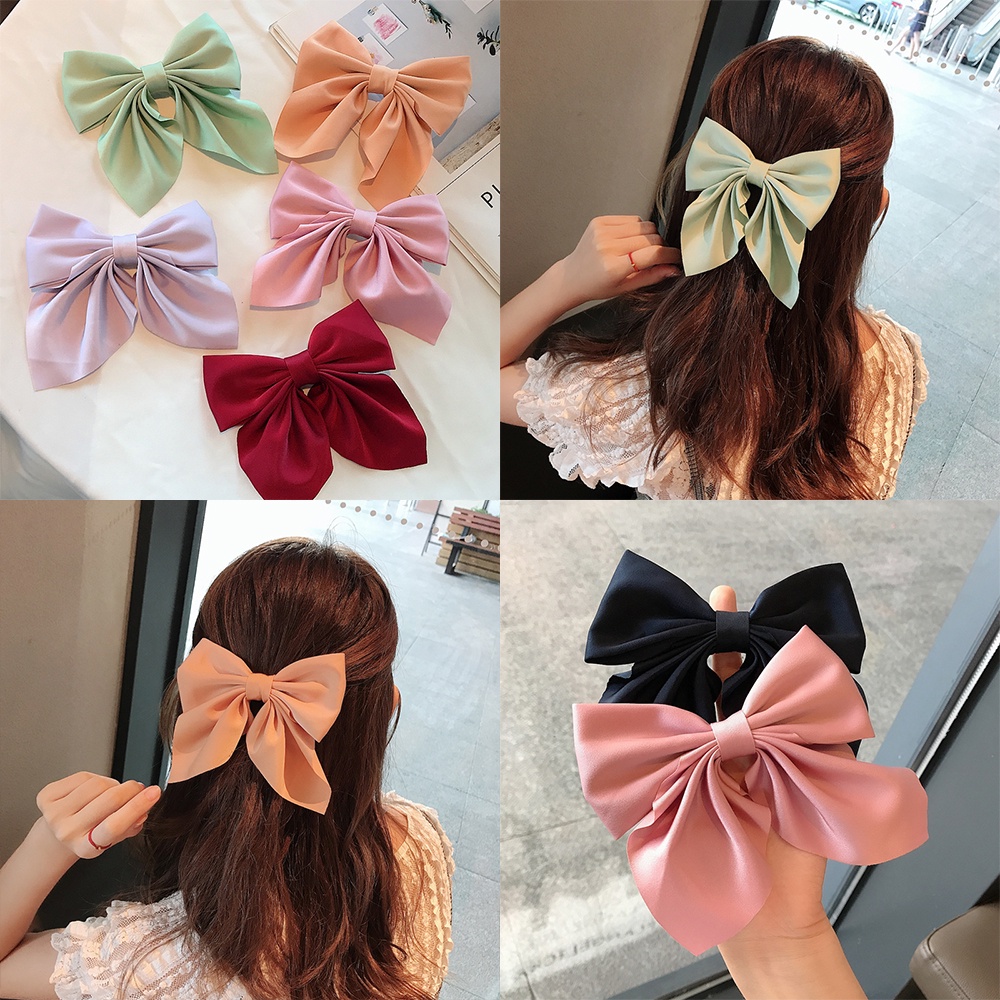 Korean Style Hair Clip Solid Color Ribbon Bow Hairpin Duckbill Clip Simple Women Hair 5535