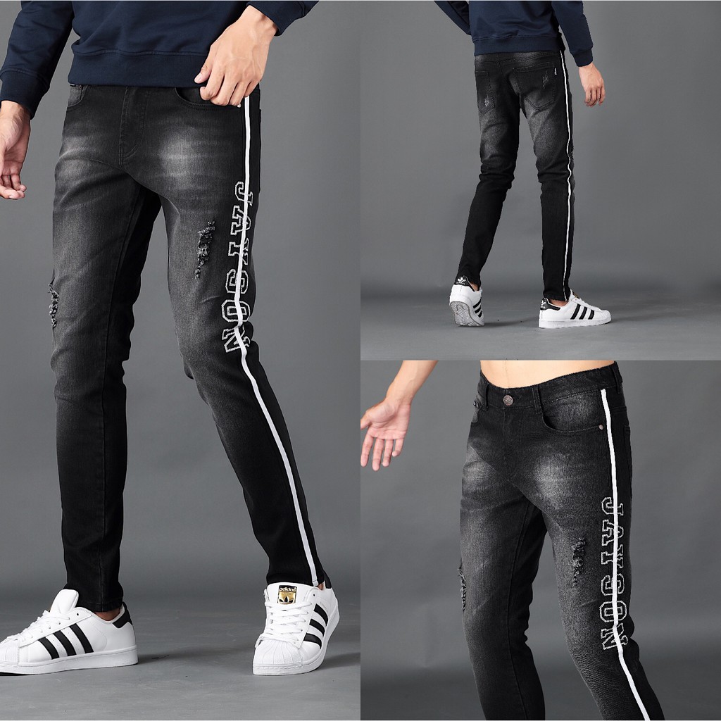 men side stripe ripped jeans