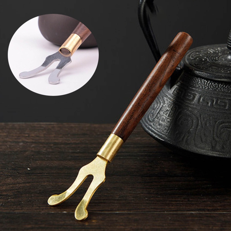 exhila Teapot Lid Clip Wooden Handle Tea Kettle Cover Fork for Cast