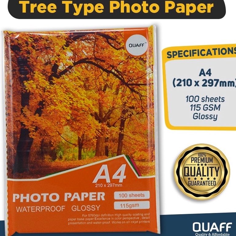 115gsm QUAFF Tree Type Glossy Photo Paper A4 -115gsm(Thin)-100sheets/1pack